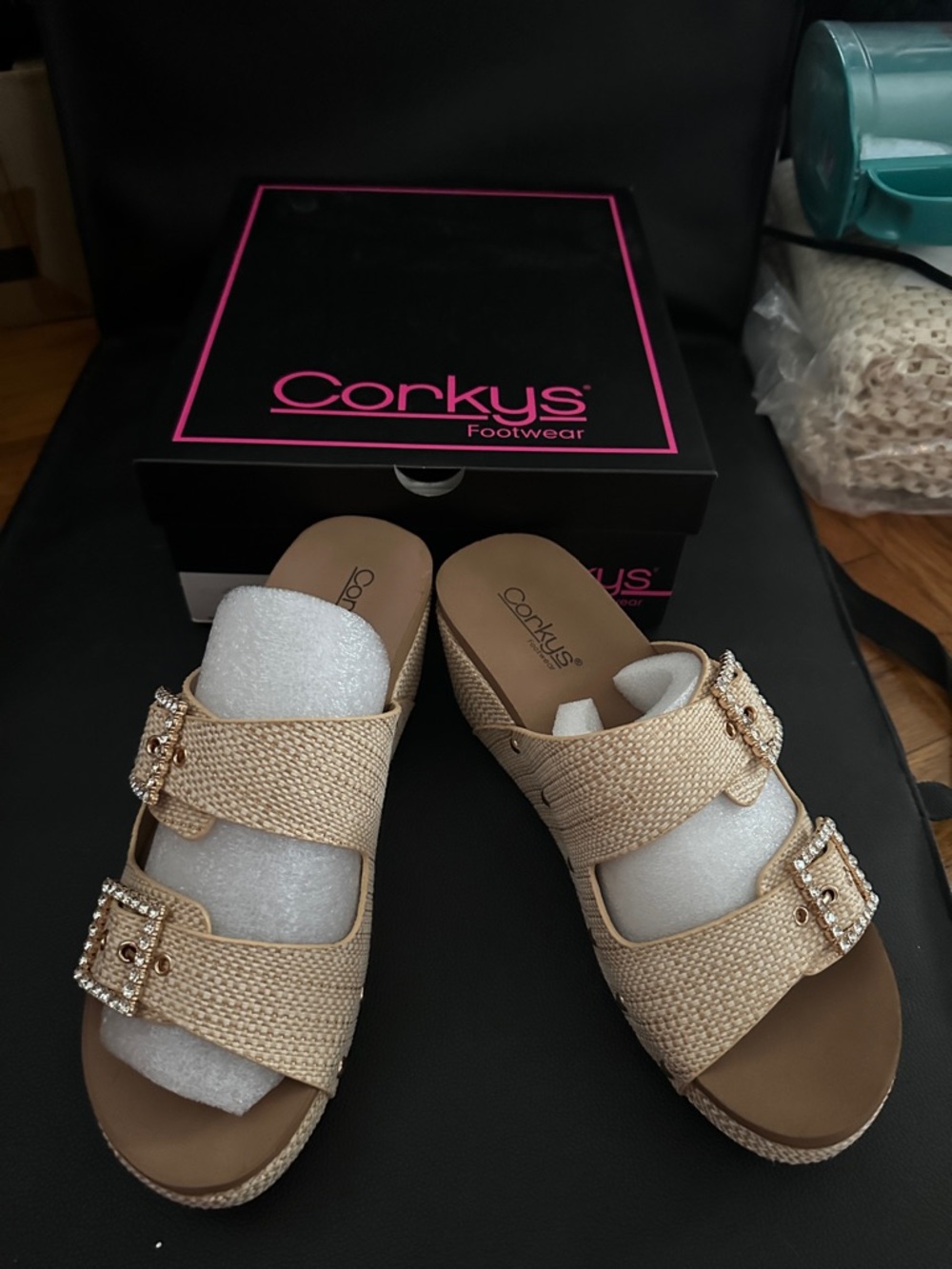 Corkys Beige Braided Double-Buckle Slide Sandals